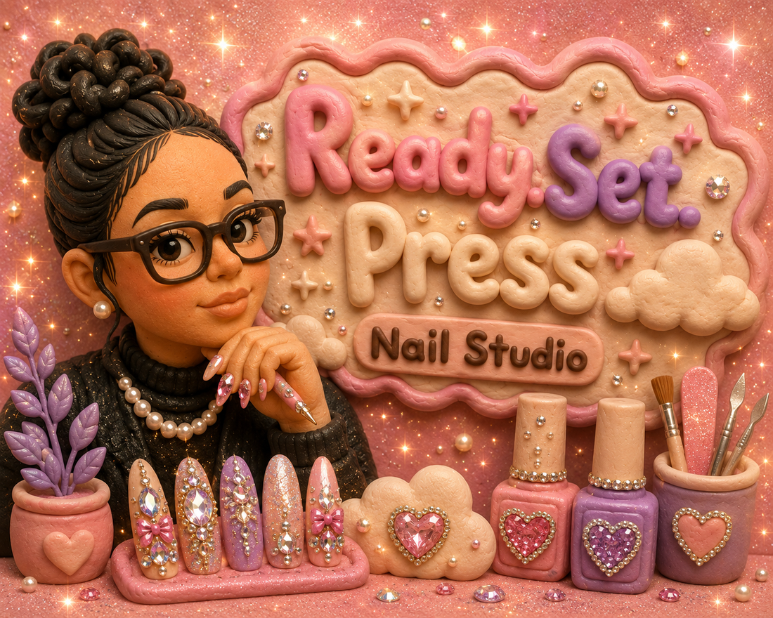 Nail art display with 'Ready Set Press' nail studio sign and decorative nails.