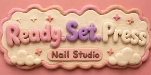 Nail studio logo with 'Ready.Set.Press' on a pink background