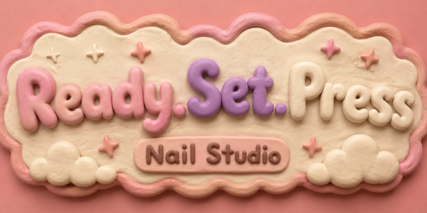 Nail studio logo with 'Ready.Set.Press' on a pink background